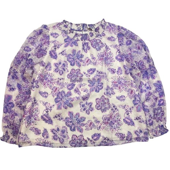 LOFT Women Petite Floral Clip Smocked Puff Sleeve Blouse Large - Picture 2 of 16